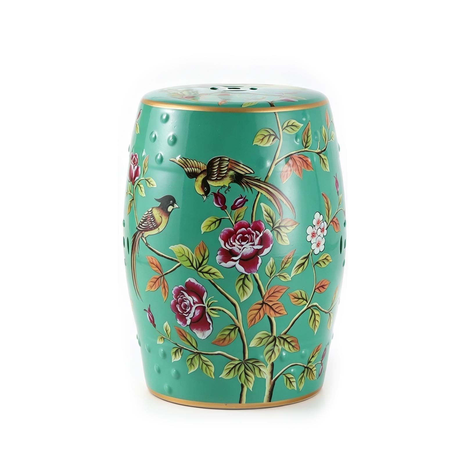 Ceramiczny Stołek Ogrodowy, Stołek Perkusyjny Z Motywem Kwiatowego Ptaka Chinoiserie, Stolik Boczny Z Akcentem Na Patio Na Zewnątrz, Do Salonu, Ogrodu, Balkonu(Green)