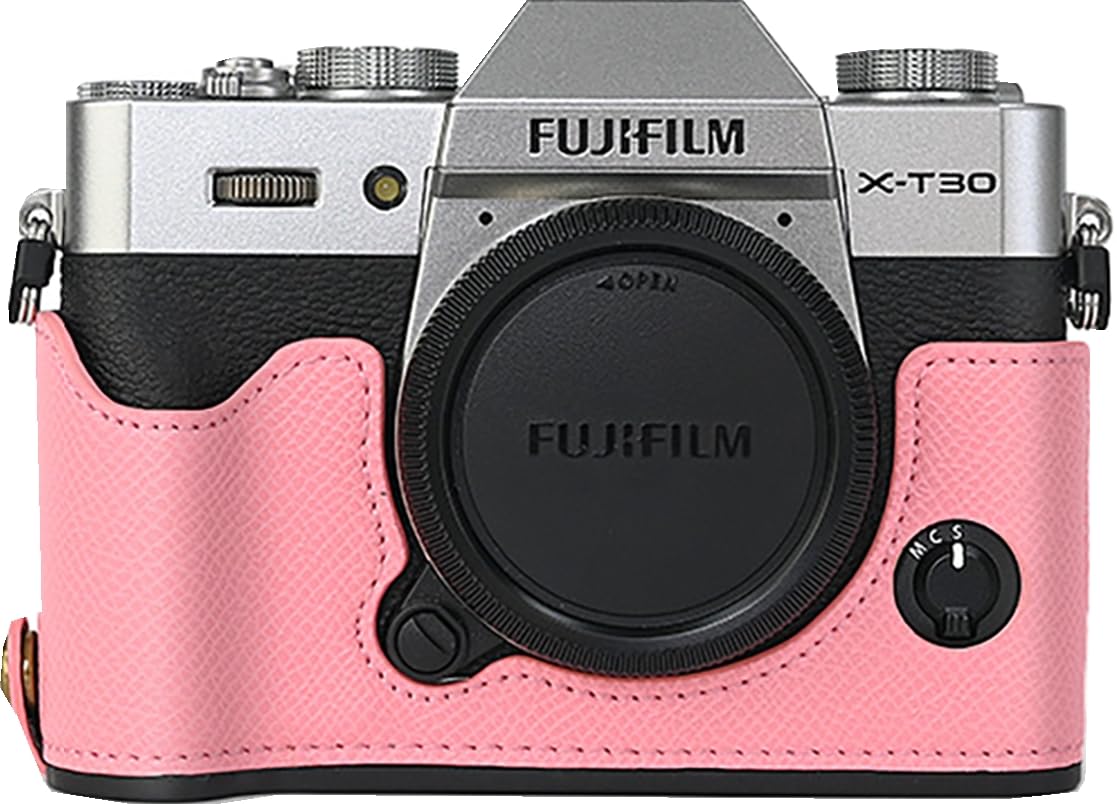 X-T30 Case, BMAOLLONGB Handmade PU Carbon Fibre Leather Half Camera Case Bag Cover Bottom Opening Version for Fujifilm X-T30 XT30 with Hand Strap (Pink)