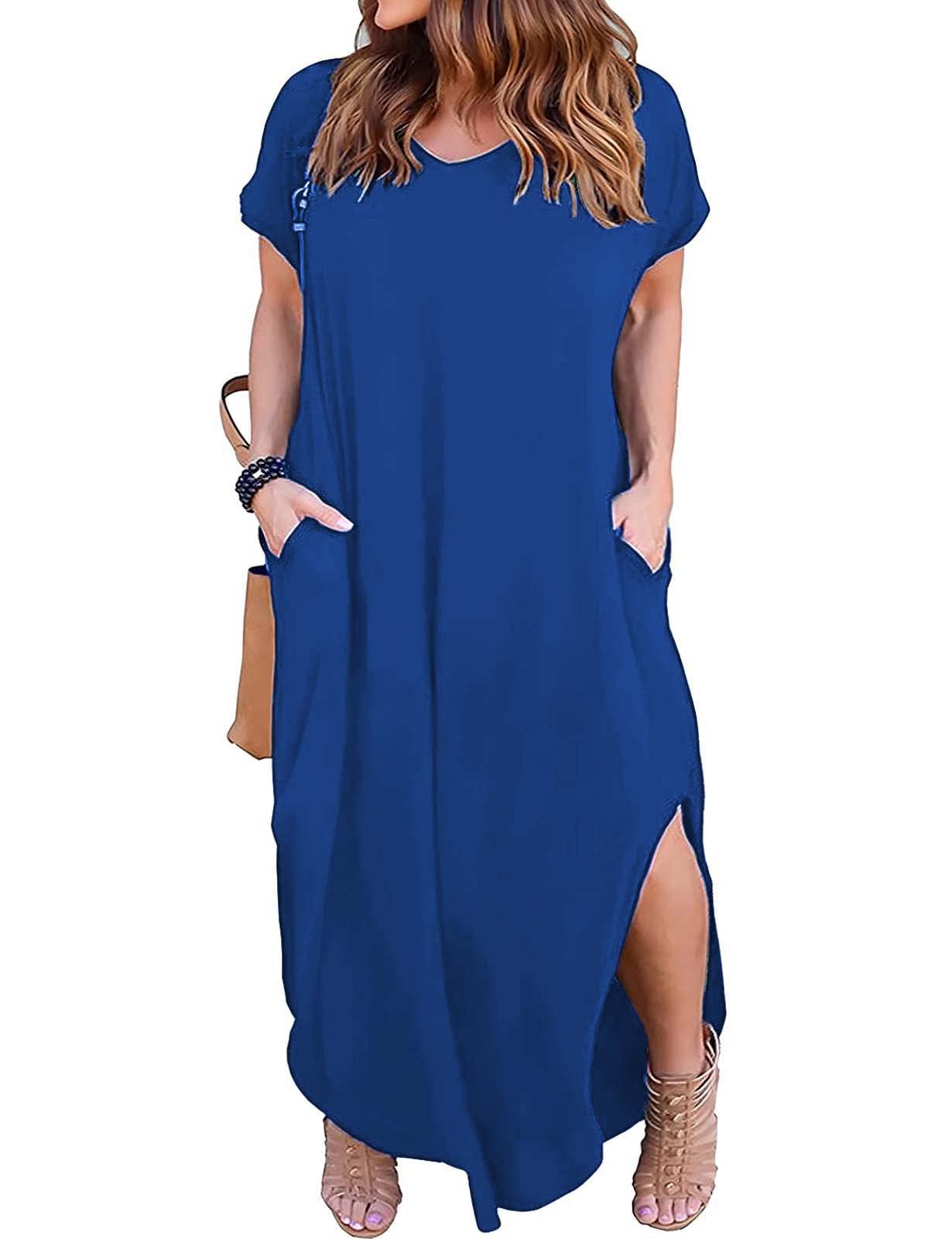 Kancystore Women's Plus Size Dresses Casual Loose Pocket Short Sleeve Slits Plus Size Long Maxi Dress XL-5X