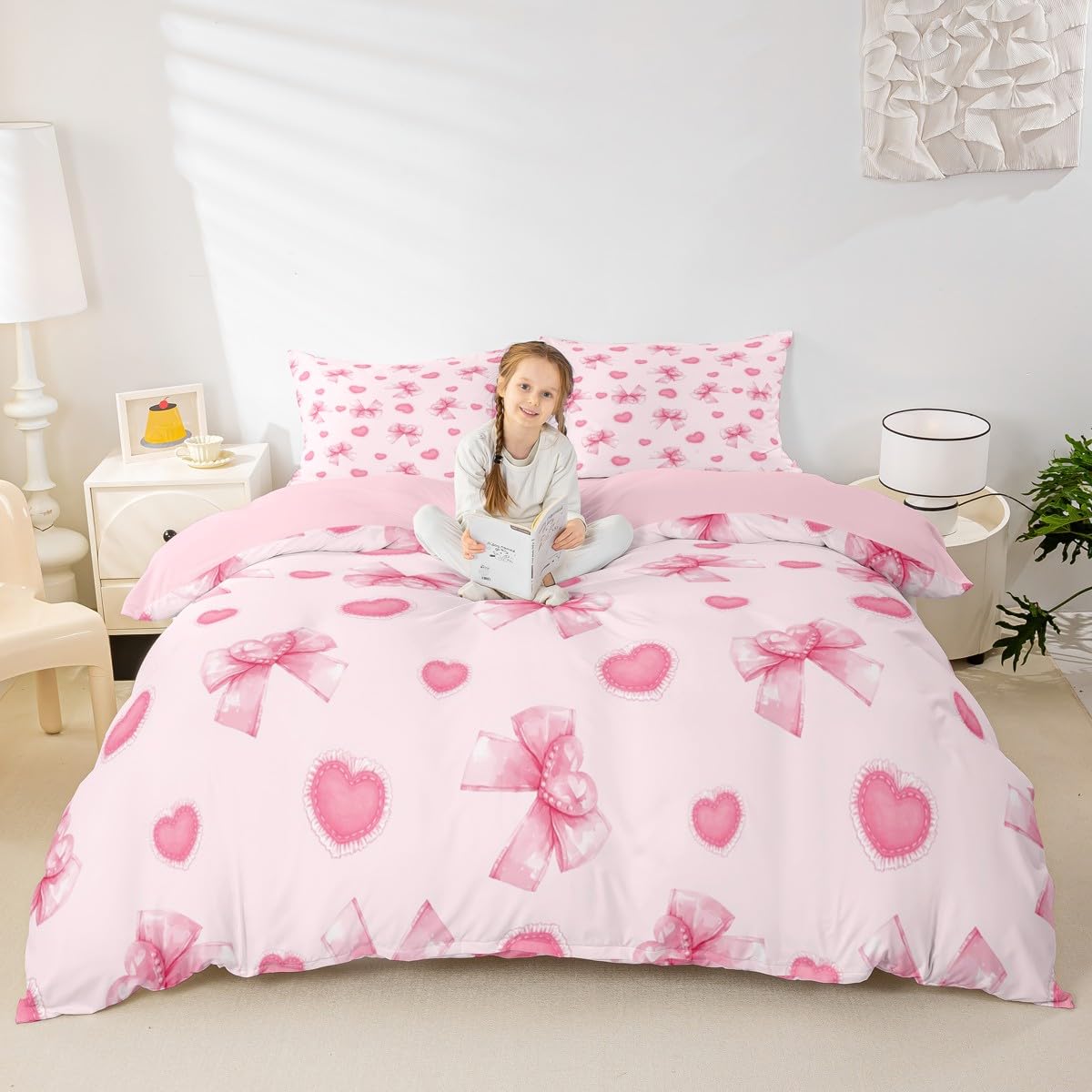 Homewish Pink Heart Bow Duvet Cover Cartoon Girly Bow Knot Bed Set Super King Red Love Heart Print Bedding Set Dreamy Princess Style Quilt Cover Kawaii Bowknot Room Decor with 2 Pillowcases — image 1