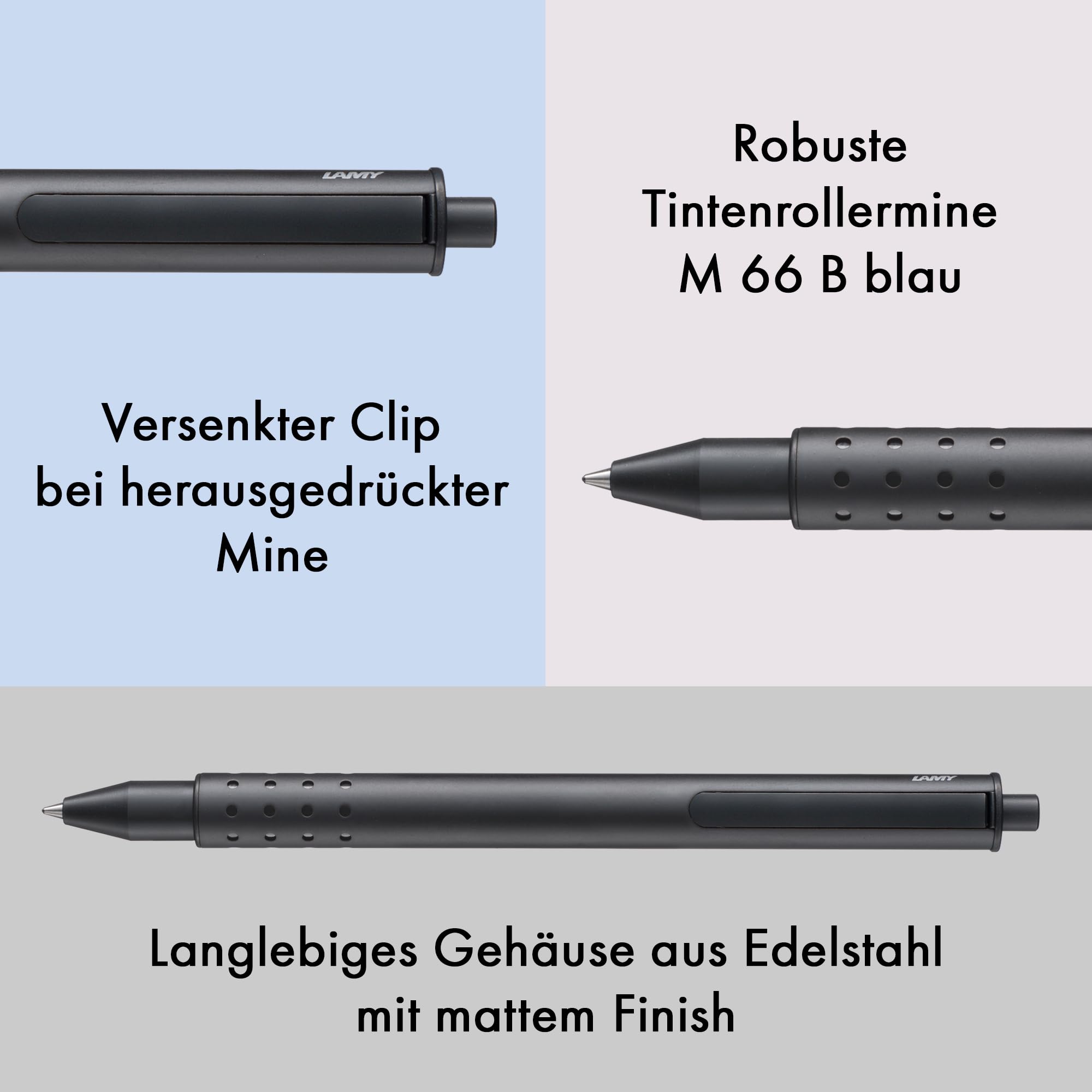 Lamy swift black Tintenroller – schlichter Tintenroller mit flüssigem Schreibgefühl – robustes Gehäuse aus Edelstahl & in Strichbreite B – mit Tintenrollermine M 66 in blau