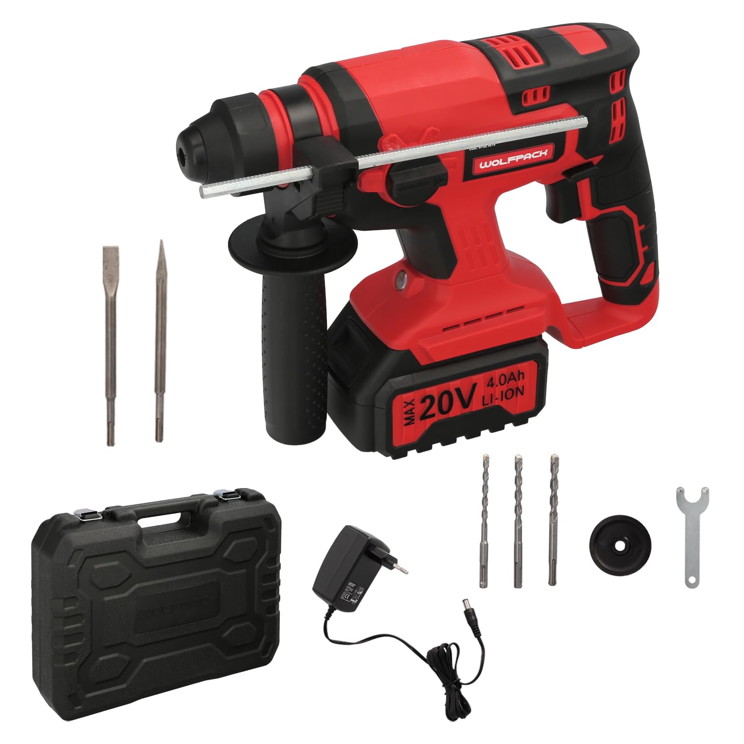 WOLFPACK LINEA PROFESIONAL Młot SDS PLUS do akumulatora 20 Volt. Z akumulatorem 4,0 Ah. 1400 obr./min. 3 funkcje dłutowania, wiercenia i wiercenia młotkiem