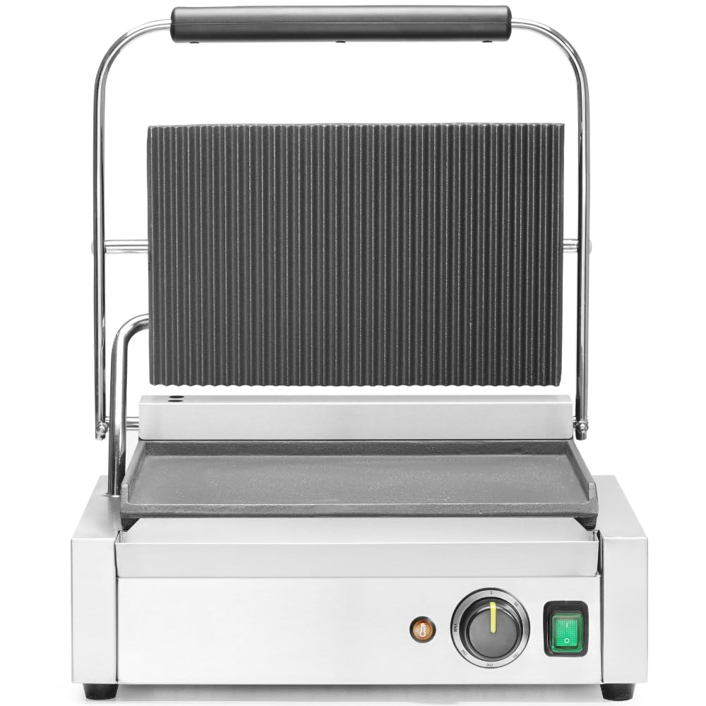 MBH - Grill Panini Eléctrico Profesional de 43 cm con Parrilla Acanalada para Hostelería. Sandwichera Industrial INOX para Bar y Restaurante