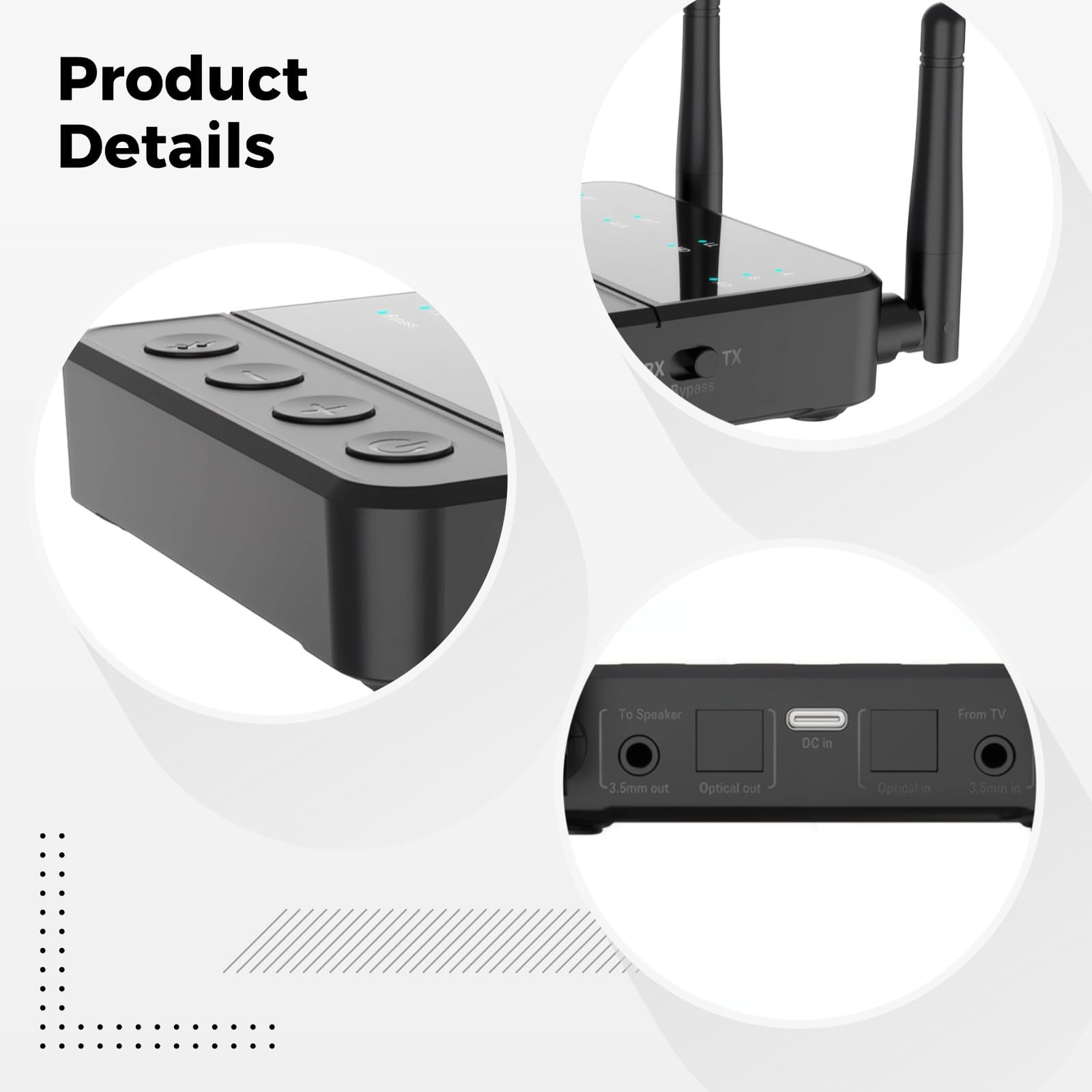 Adaptador de audio inalámbrico 5.2, receptor transmisor Aptx Hd/Ll de alta fidelidad con antenas duales, rango de 65.6 pies