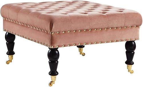 Miniatura 3 de 24KF - Mesa de café cuadrada, grande y copetuda estilo otomana, tapizada en terciopelo con botones capitoné banco reposapiés grande con ruedas