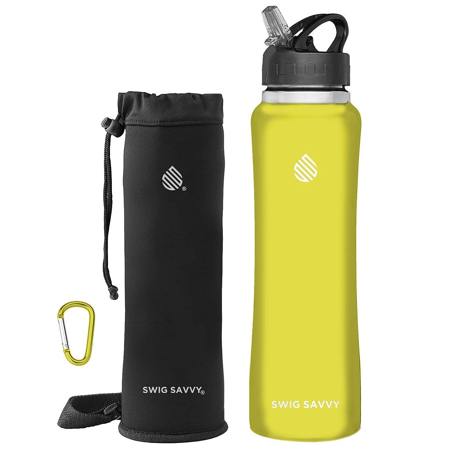 Swig Savvy Sports Water Bottle, Vacuum Insulated Stainless Steel, Straw Leakproof Lid, Storage Sleeve - 32oz (Yellow)
