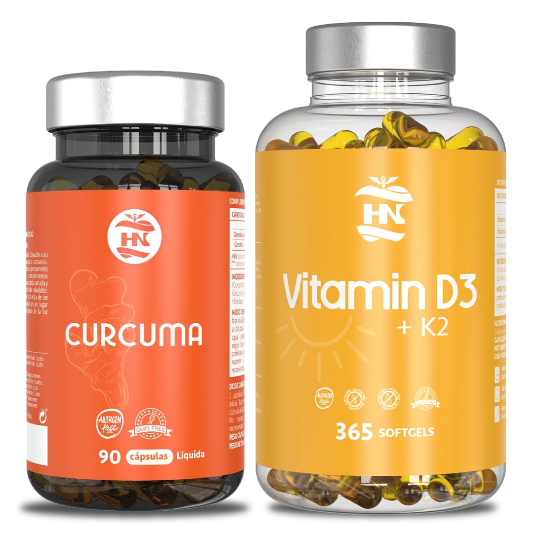 Pack Vitamina D3 & Curcuma -365 Cápsulas de vitamina D3 K2 – altamente concentrada y Curcuma liquida en capsulas liposomada, 90 cápsulas.