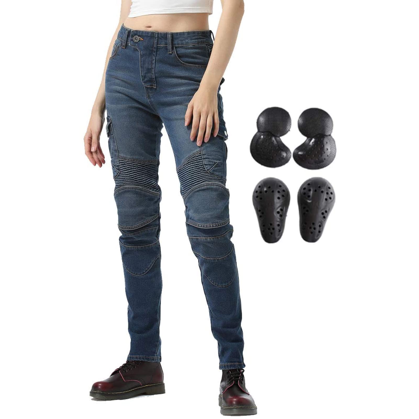 Donna Moto Biker Jeans, Pantaloni da Moto, Pantaloni Anticaduta Biker Motociclista Pantalone Moto Jeans Stretch con 2 Protezioni Ginocchia E 2 Protettori Anca