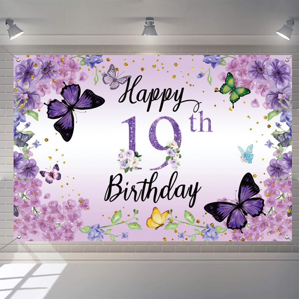 19th Birthday Decoration for Girls, Happy 19 Years Old Birthday Banner Fabric Sign Poster Wall Door Decoration, 19th Birth day Party Background Banner Welcome Sign, Purple, 150 cm x 90 cm