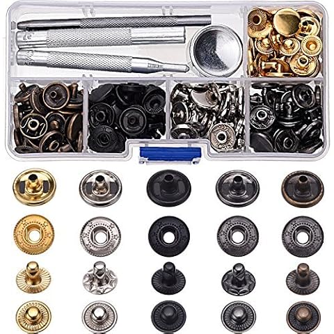 Zhehao 60 Set Copper Snap Fasteners Press Studs Poppers No Sewing Leather Clothing Button with 4 Pieces Install Tool (12.5 mm), Black/Bronze/Gold/White Cover
