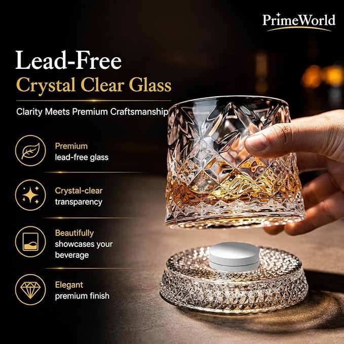 Image of PrimeWorld Diamond Cut Rotating Whiskey Glasses - Set of 6 | 300ml 360 Spinning Old Fashioned Tumblers | Premium Crystal Clear Lead-Free Rocks Glasses for Whiskey, Scotch, Bourbon, Brandy, Rum