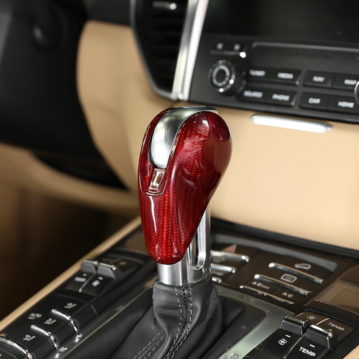 Real Carbon Fiber Gear Shift Head Knob Decoration Cover Protector for Porsche Macan Panamera Cayman Boxster 911 718 2008-2020 Car Interior Accessories (Red Carbon Fiber)