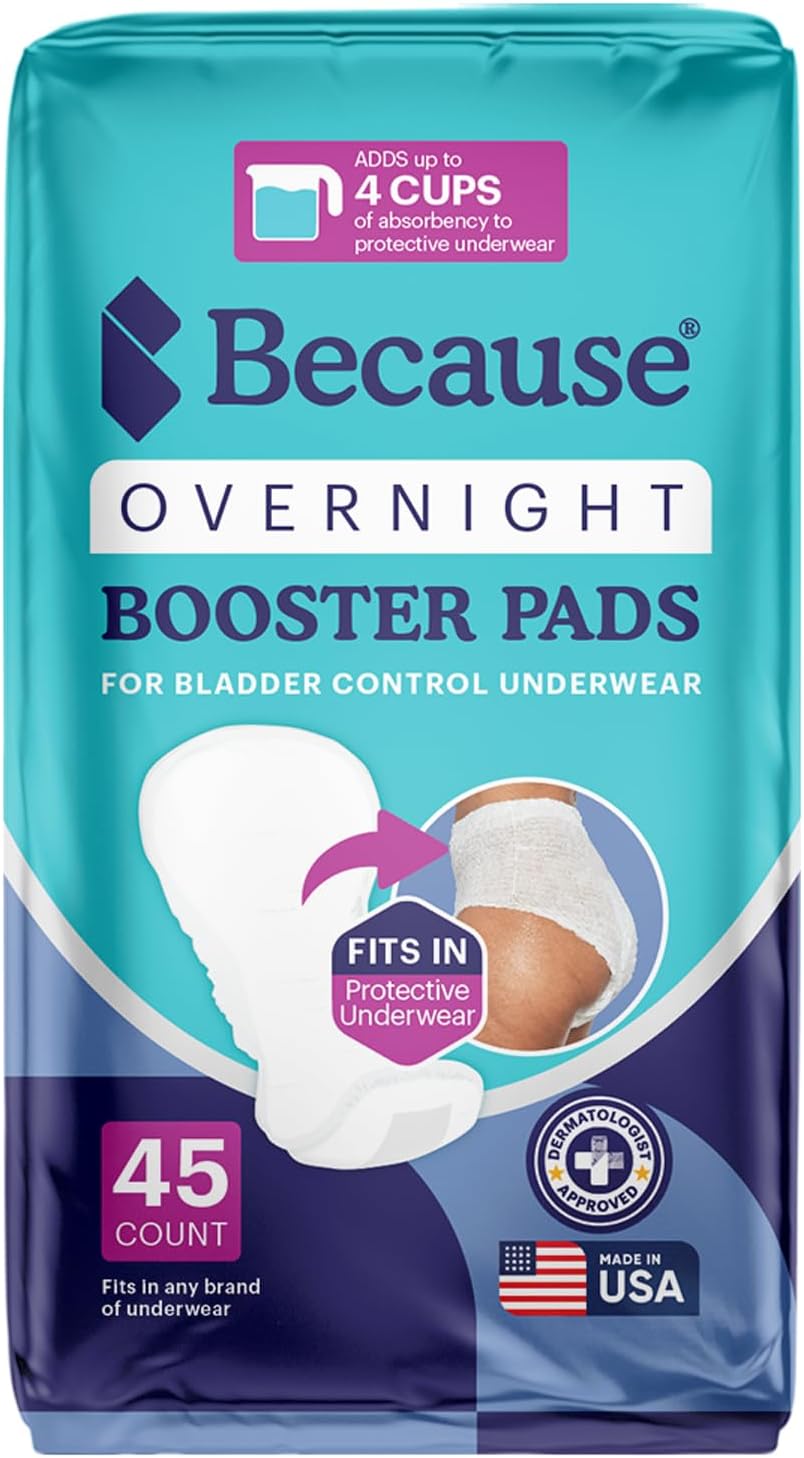 Because Overnight Incontinence Booster Pads for Men and Women, Adds 4 Cups Extra Absorbency to Adult Diapers, Super Soft, Adhesive Strip Backing, Unisex, 45 Count of 4 pack
