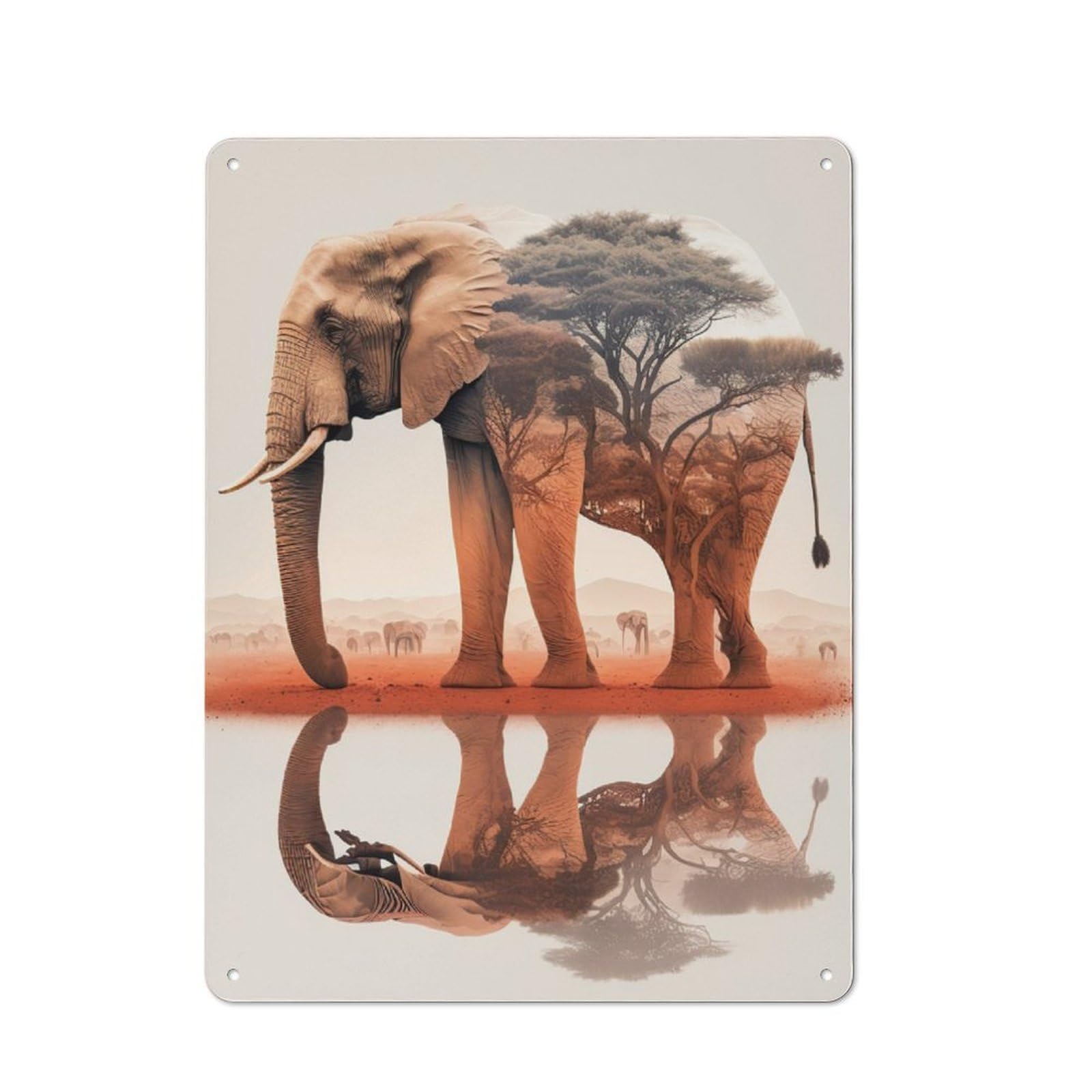 Decorative Metal Plaque with Elephant Sunset Animal Design 40x30cm, Casual Utility Space Decor for Patio Bar, Workshop, Shed Or Kitchen