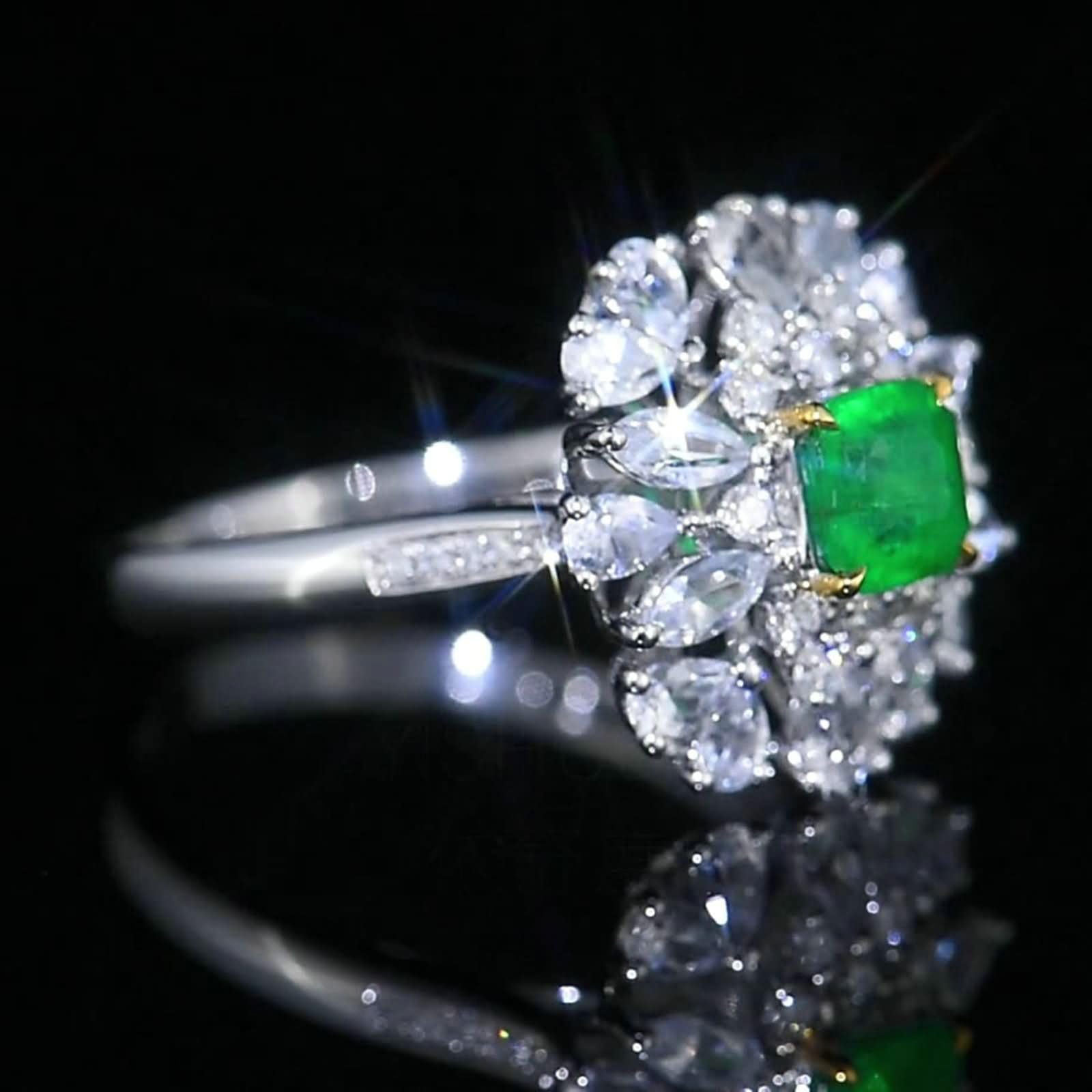 Obrączki ślubne damskie białe złoto 9K / 14K / 18K, kwiat i 4 szczęki kwadratowy szmaragd 0,59ct i diament, srebrny zielony pierścionek zaręczynowy dla kobiet