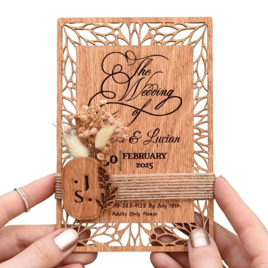 Floral Wooden Wedding Invitations & Gypsophila Flowers, Personalized Wedding Invitation, Hand Painted Wood Invitation, 4"x6" (10x15)cm 100% Birch Tree, Easy Personalization, 5 Different Color Options