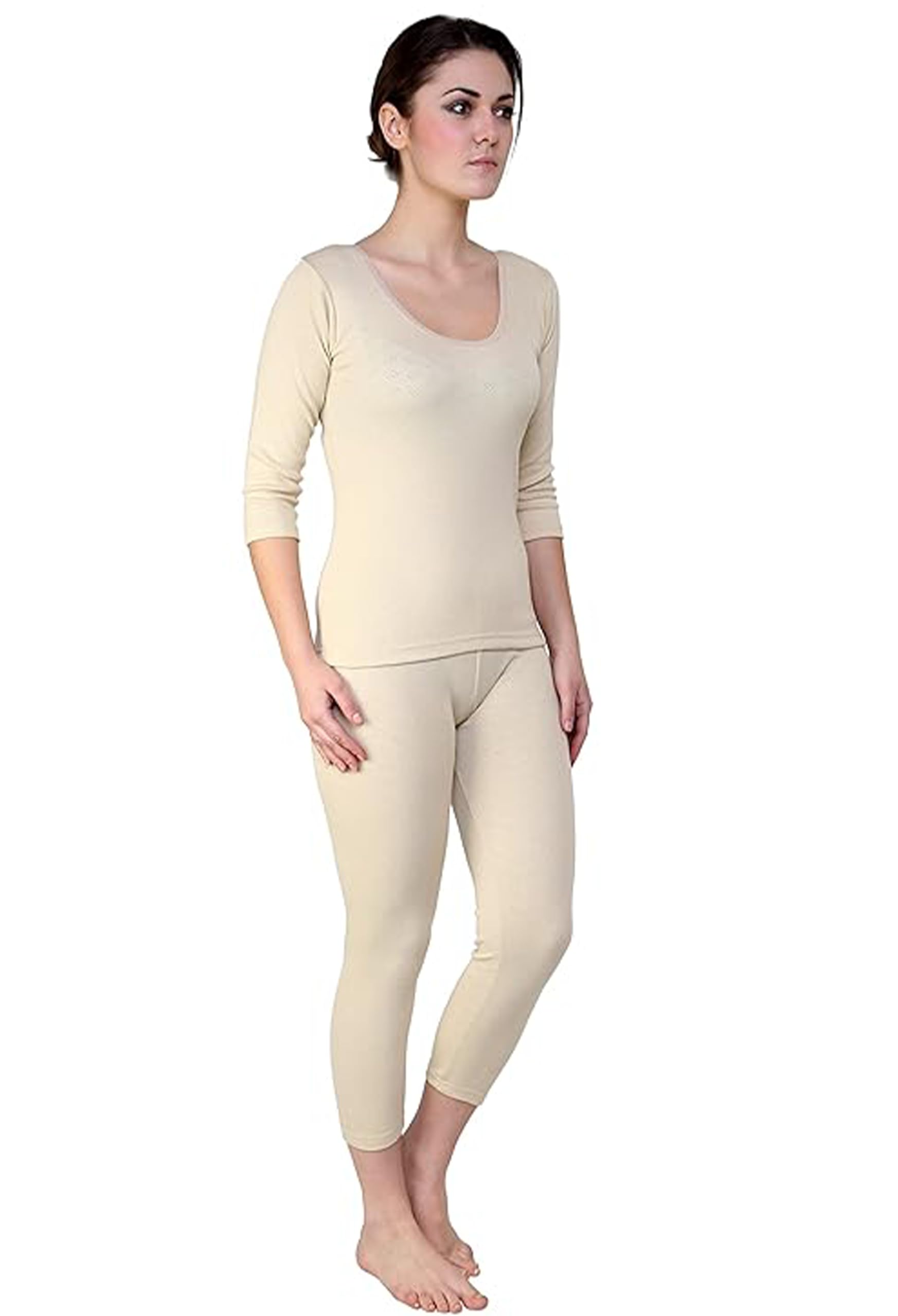 prince Women's Three-Fourth Length Sleeves Full Set Thermal Wear - Top & Bottom Set for Winter Warmth - Heat Retaining Fabric,Lightweight and Comfortable Fit | Cold Weather Protection - Beige-picture-43