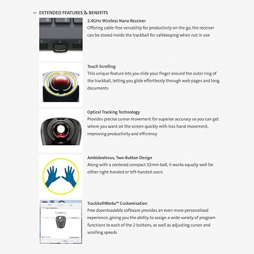 Miniatura 6 de Kensington Orbit Trackball móvil inalámbrico, frecuencia de 2.4 GHzrango inalámbrico de 30 pies, uso de mano izquierdaderecha, negrorojo