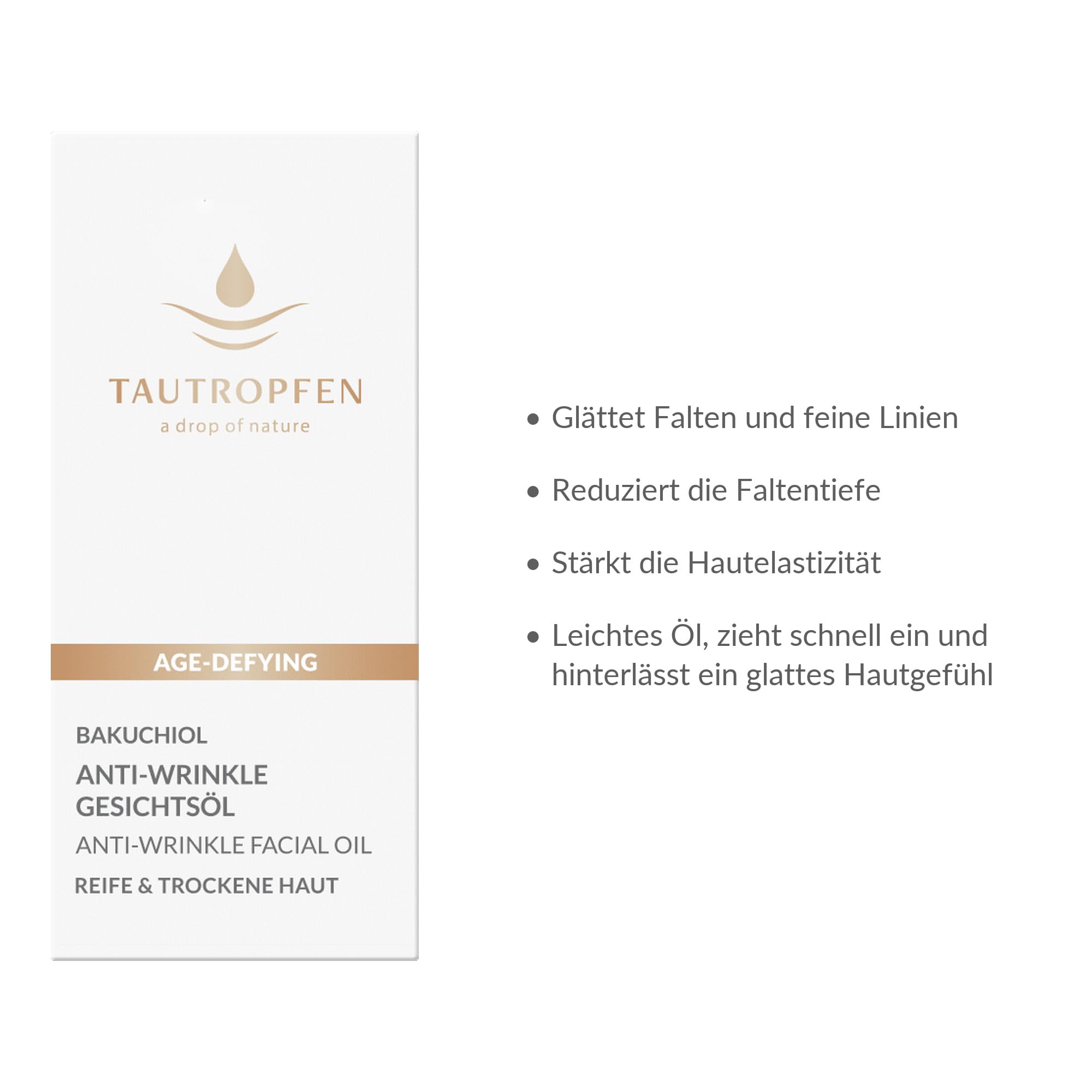 TAUTROPFEN Anti-Wrinkle Gesichtsöl (35ml) – Pflanzliche Retinol-Alternative mit Bakuchiol & Revinage – Intensive Pflege für glatte, geschmeidige Haut – Seidig-leichte Pflege, ohne zu beschweren