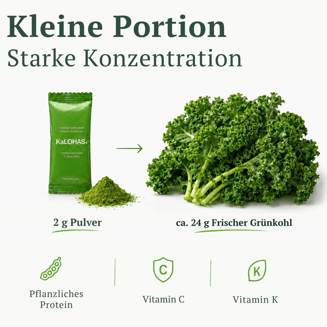 Pure Bio Grünkohl Pulver, 25 x 2g Sachets auf Grünes Superfood | Ohne Zusatzstoffe, Gefriergetrocknet, Hoher Gehalt an Protein, Kalzium, Vitamin C & K, Antioxidantienreich, 9 Aminosäuren