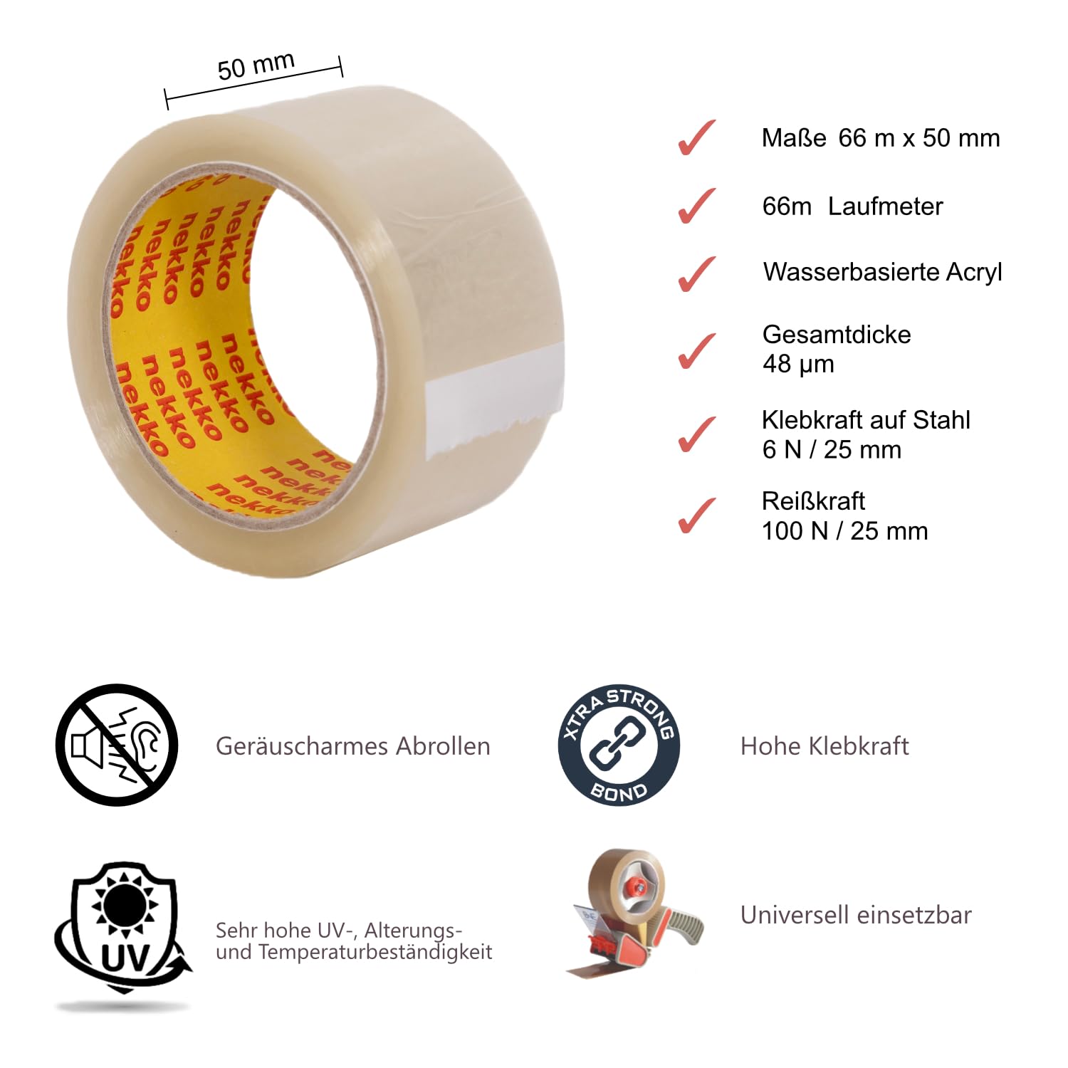 nekko 36 Rollen Paketklebeband Transparent- Starke Klebekraft, Kein Einreißen, Leises Abrollen - Packband Verpackungsband - 50mm x 66m Klebeband