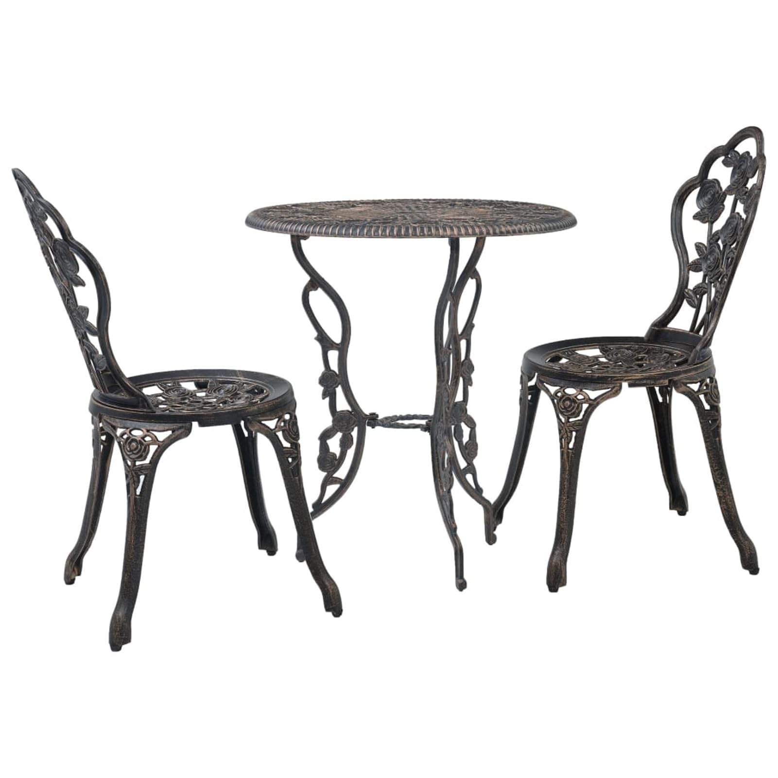 Set da bistrò, 3 pezzi, in alluminio pressofuso, colore bronzo, 59 x 59 x 62 cm + 2 x 38 x 41 x 85 cm, resistente alle intemperie, per terrazza, balcone, giardino, ristorante