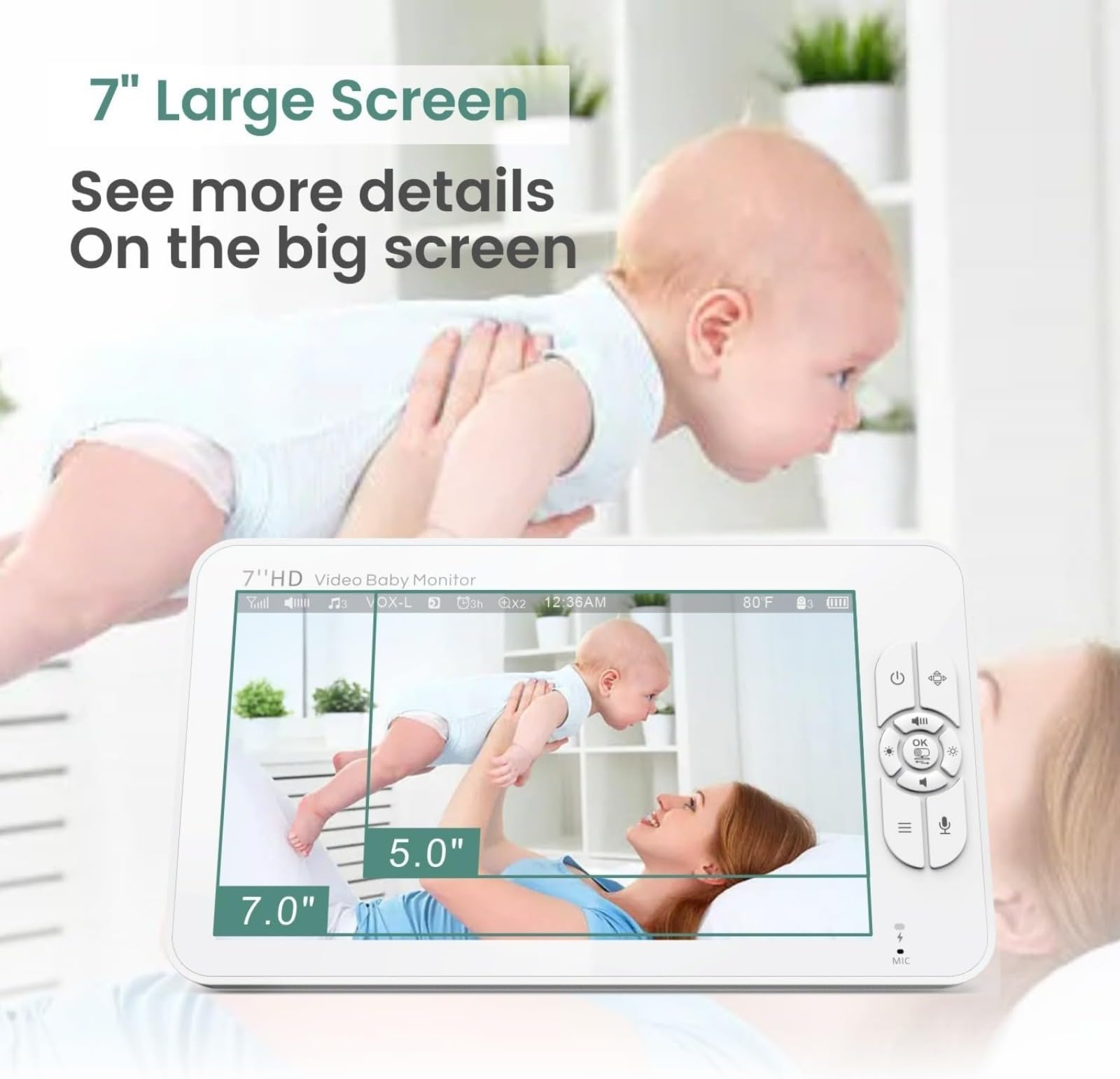 Monitor de bebé de video HD de 7 pulgadas con panorámica/inclinación, lente gran angular, audio seguro y bidireccional para uso doméstico