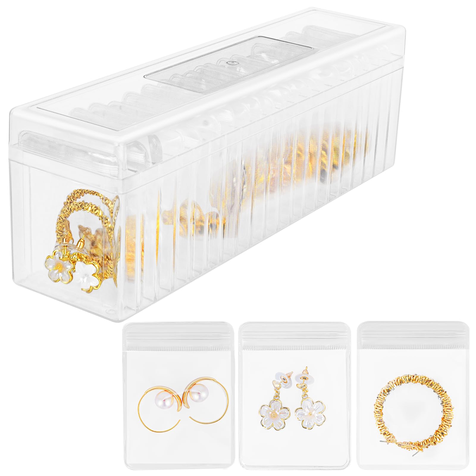 Joyero de acrílico organizador de joyas transparente con tapa, estuche de almacenamiento de viaje, para aretes, anillos, collares, caja transparente de 2 piezas, con 40 bolsas de joyería