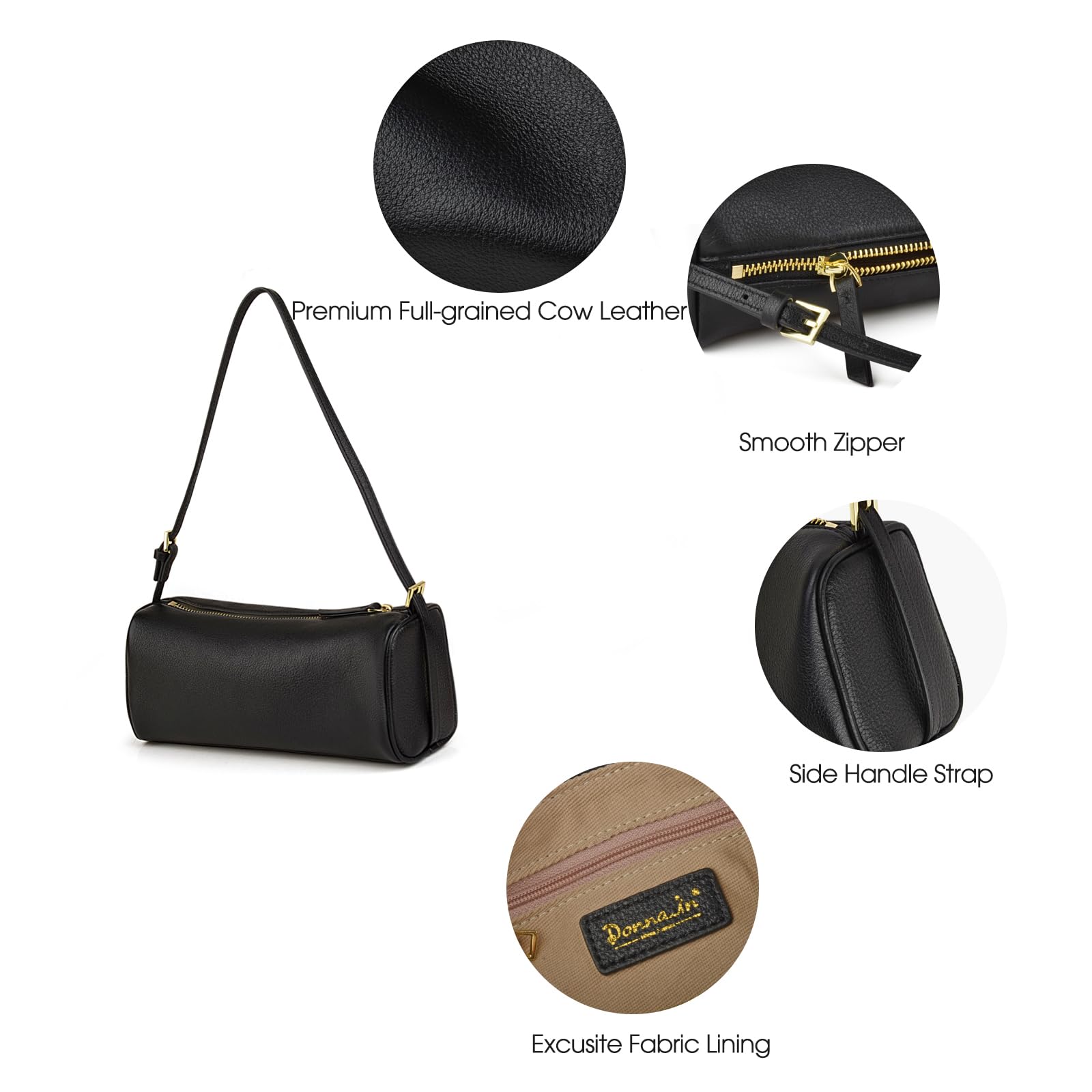 DONNAIN Wysokiej jakości torebki crossbody ze skóry licowej dla kobiet, torba typu beczka i torby hobo dla kobiet z regulowanym paskiem