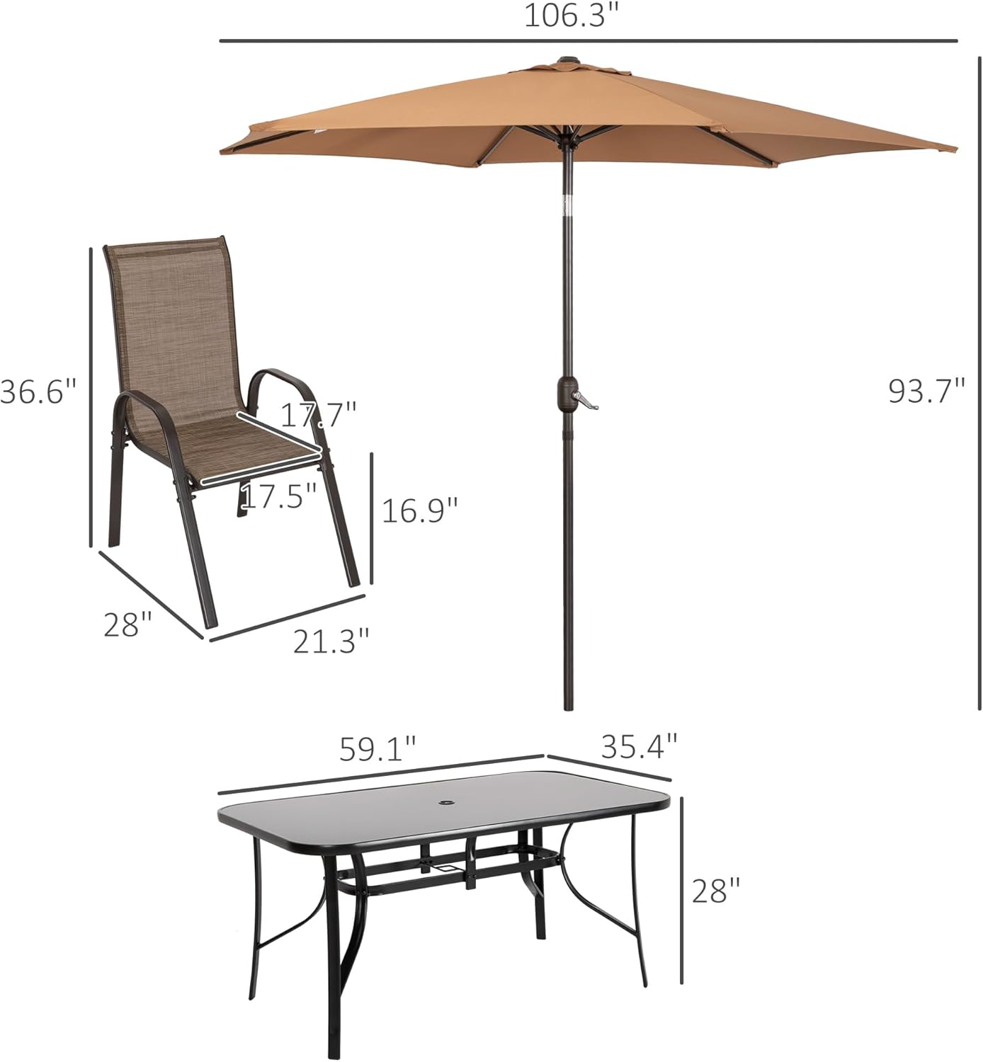 Outsunny 8 Pieces Patio Table and Chairs Set with 9 Ft Patio Umbrella, Outdoor Dining Set with 4.6 Ft Dining Table and 6 Chairs, Push Button Tilt and Crank Parasol, Tempered Glass Top, Mixed Brown