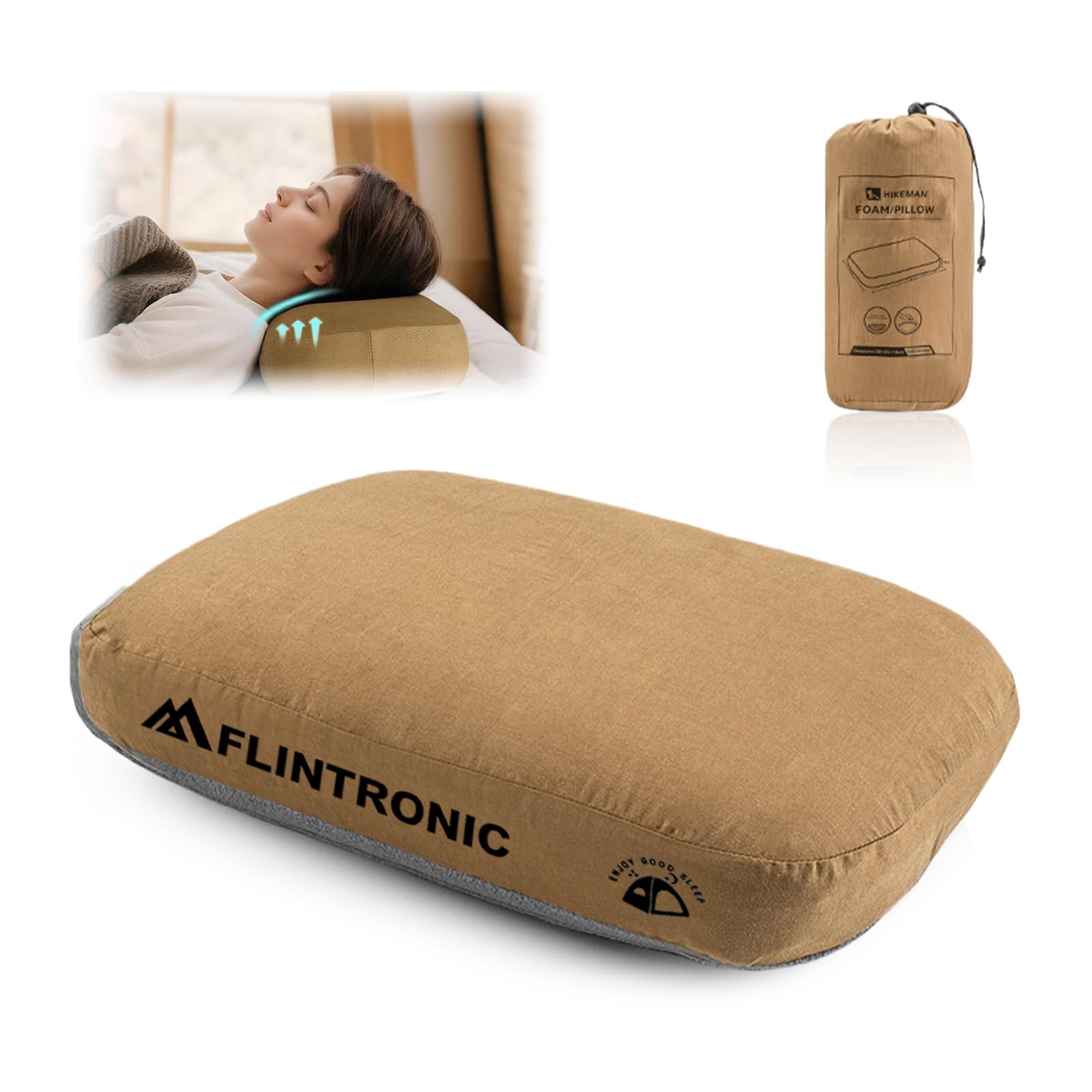 flintronic Almohada De Espuma Viscoelástica para Camping, Almohadas De Espuma Viscoelástica de Rebote Lento, Almohada de Viaje Portátiles, para Camping, Coche, Playa, Oficina (Marrón)