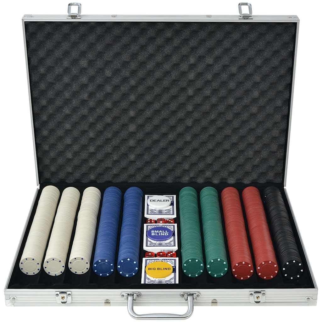 Set da poker da 1000 fiches in valigetta in alluminio con 3 mazzi di carte e pulsante Dealer