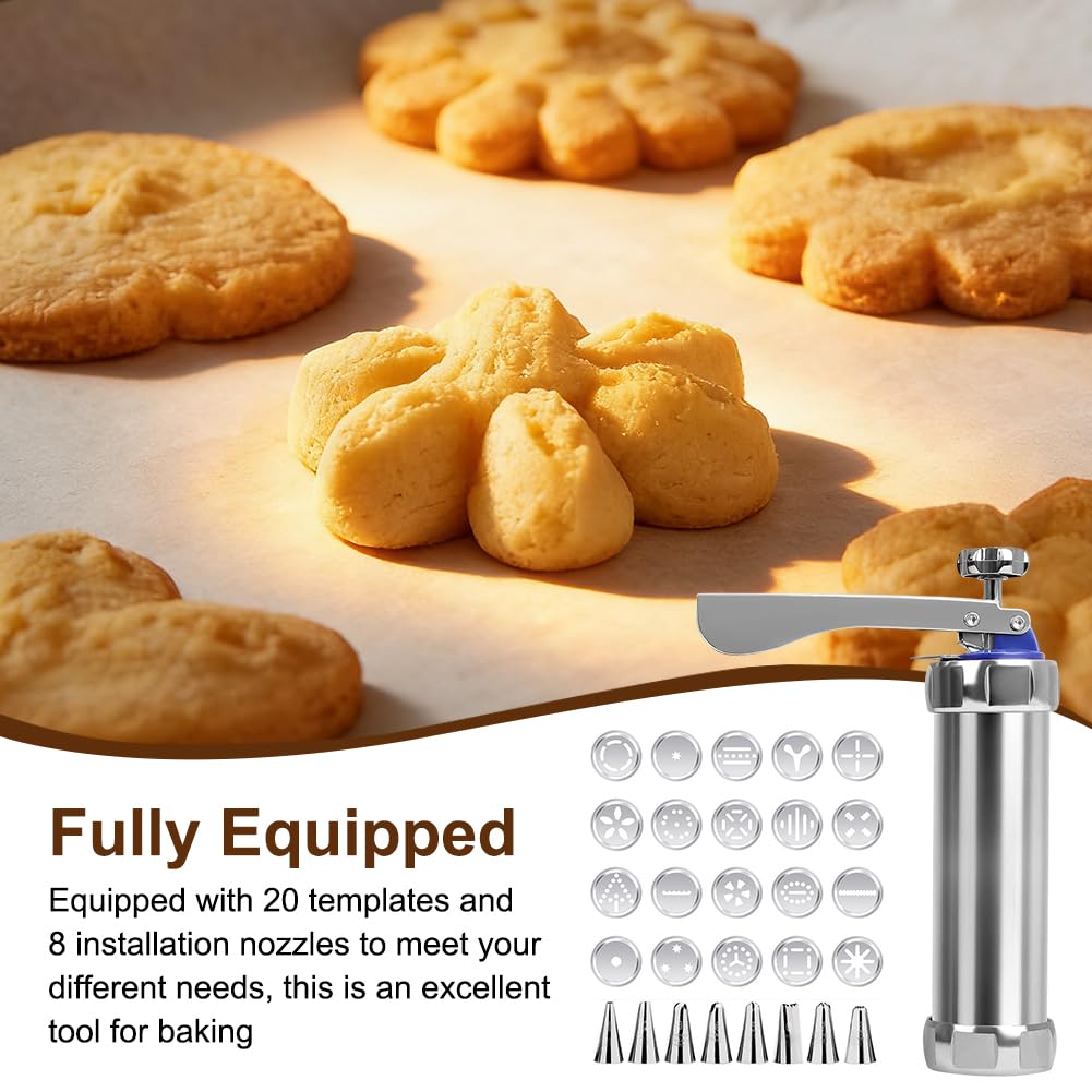 Pressa per pasticceria, con 20 stencil e 8 beccucci in acciaio inox, pressa per biscotti a spruzzo, pressa per biscotti, macchina da cucina fai da te