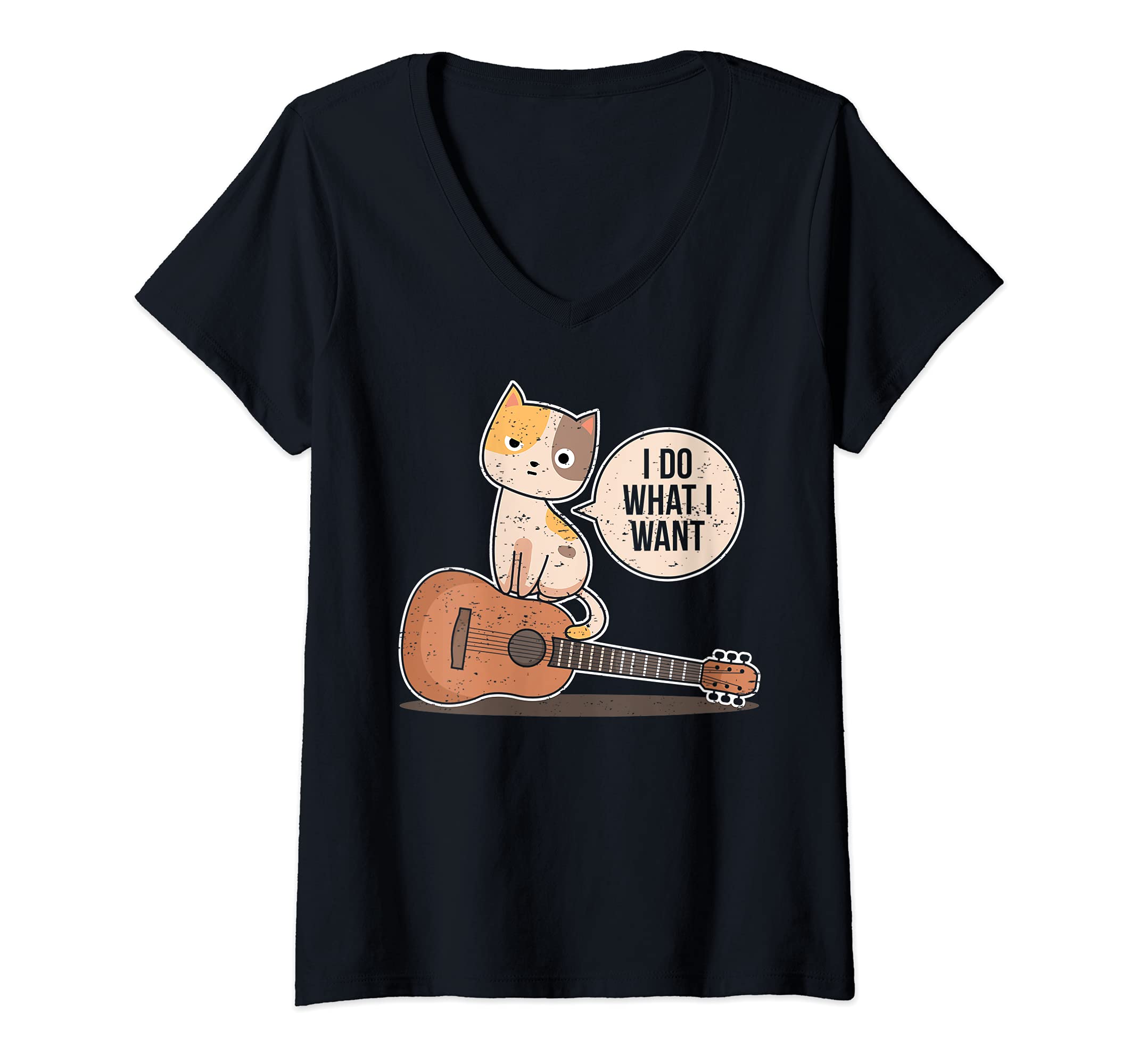 Womens Funny Guitar Player Saying Guitarist Cute Cat What I Want V-Neck T-Shirt, Black