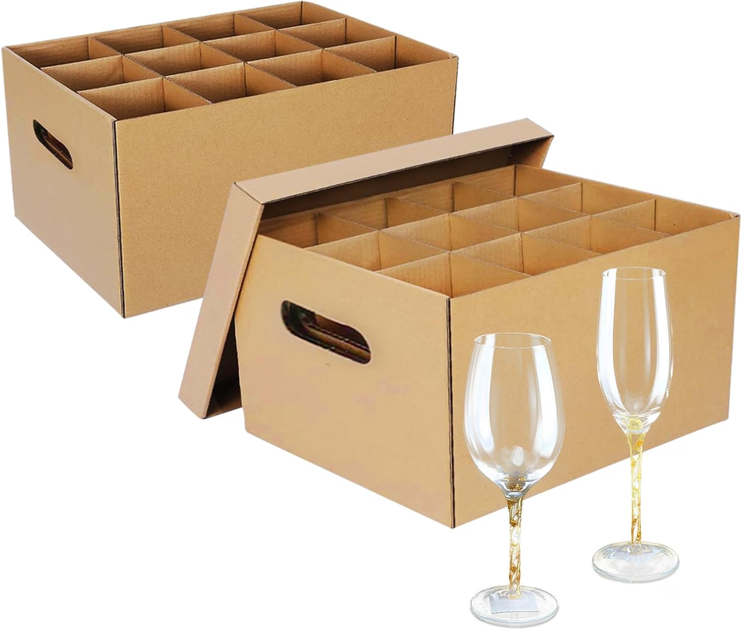 2 Pack Wine Glass & Dish Moving Boxes with Handles & Lids, Glass Packing Boxes, Kitchen Storage Kit for Glassware & Dishware (Brown, 15 x 12 x 10 Inches)