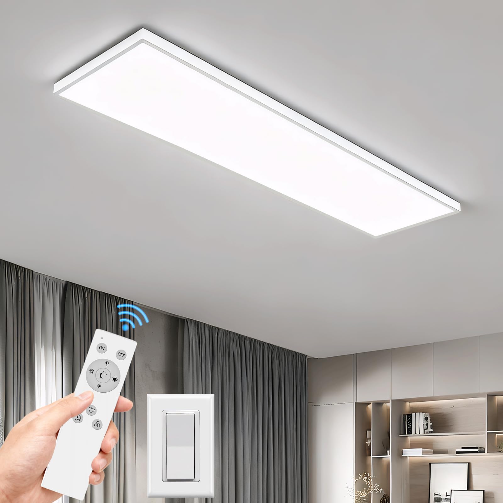 Bowfar LED Deckenleuchte lang, Leuchten Deckenlampe Rechteckig mit Fernbedienung Dimmbar 3000K-6500K, LED Panel Ultra Flach 6000LM 50W mit Backlight für Wohnzimmer Schlafzimmer Büro, 96*25*4cm-Weiß