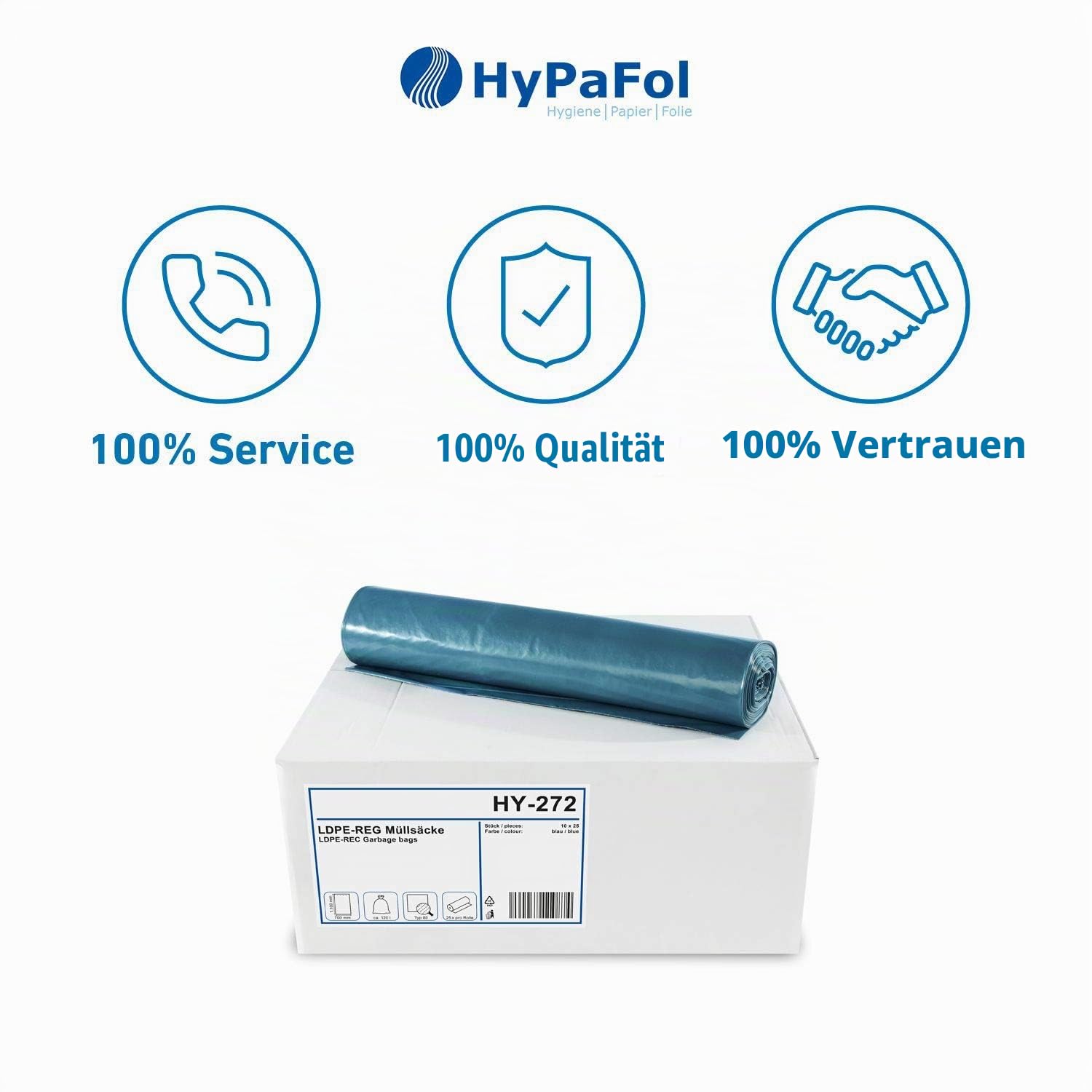 Hypafol Müllsäcke, 250 St. extra starke blaue Müllbeutel | 120 l Fassungsvermögen, 700 x 1.100 mm, gerollt | Typ 80 - besonders reißfest, 64 my | ideal für Garten, Haushalt, Büros & Umzüge | 10 Rollen