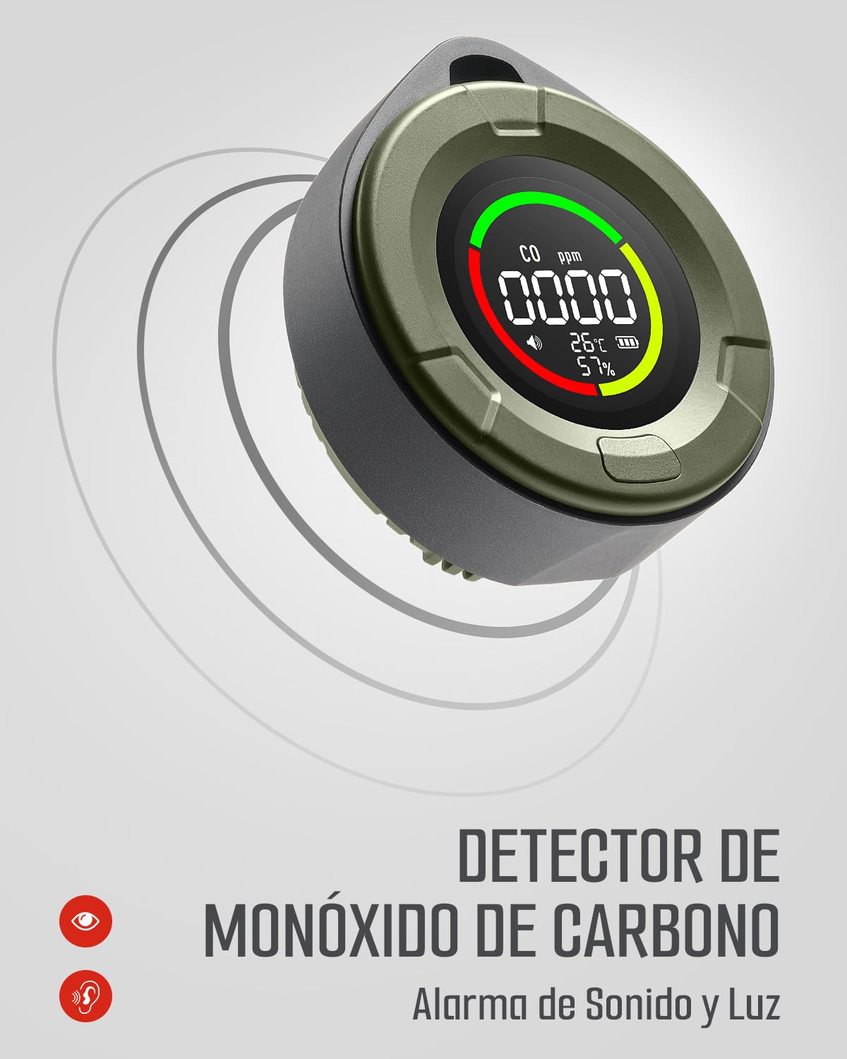 Detector de monóxido de Carbono portátil GasDoc DS-100, Detector de CO 3-en-1 para Viaje & Camping, medidor de CO Recargable con Alerta Audible & Visual, Alarma para hogar & Coche - Bosque Oscuro