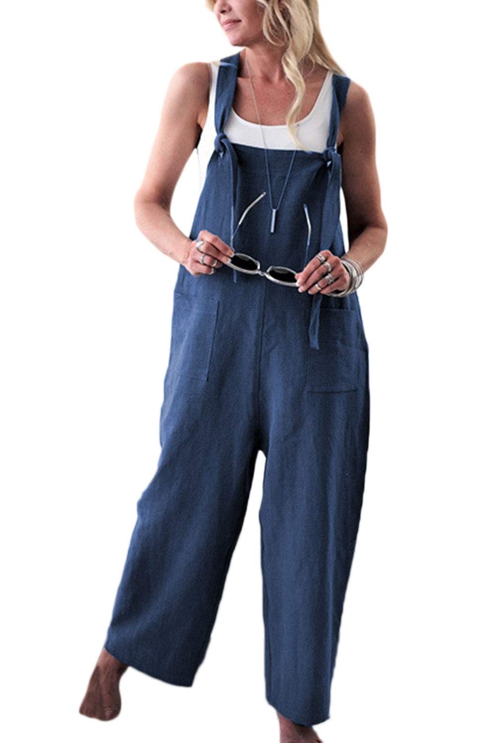 Women Loose Dungarees Jumpsuits Casual Strap Sleeveless Overalls Blue