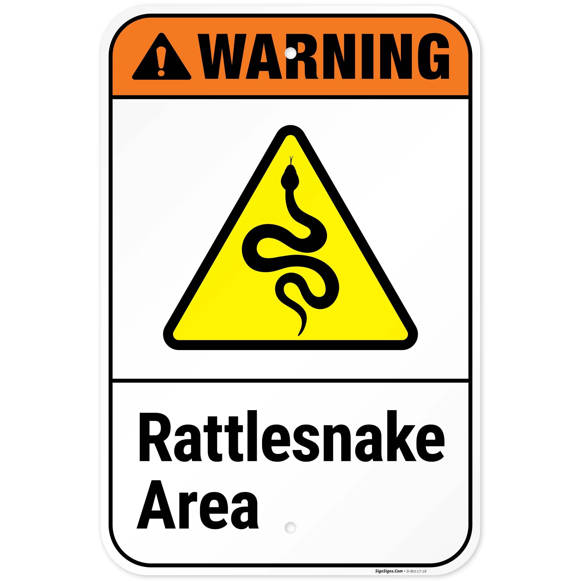 Warning Rattlesnake Area ANSI Sign, 12x18 Inches, Rust Free .063 Aluminum, Fade Resistant, Made in USA