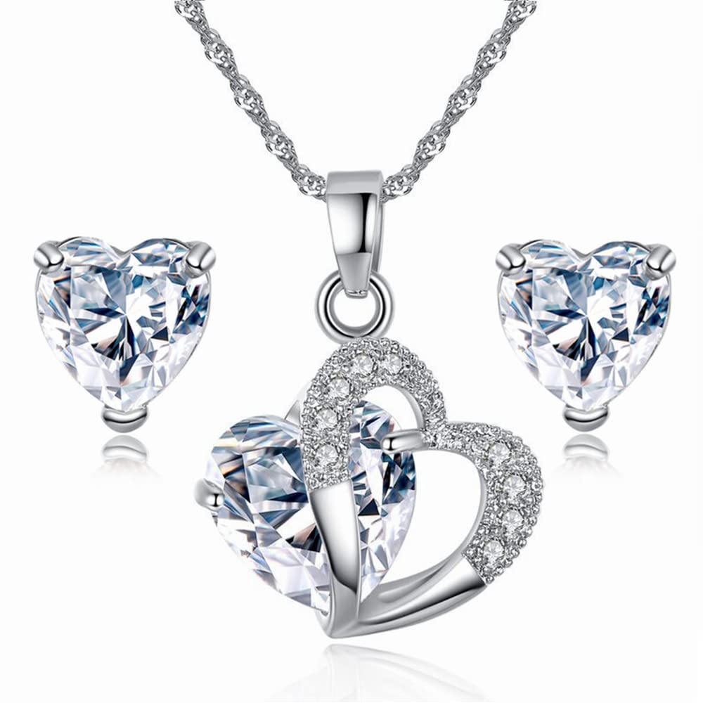 TOFBS Corazón Conjuntos de Joyas para Mujer y Niñas, Zirconia Cúbica Corazón Collar con Colgante y Pendientes Juego de Joyas Boda Fiesta Cumpleaños Día de San Valentín Regalos