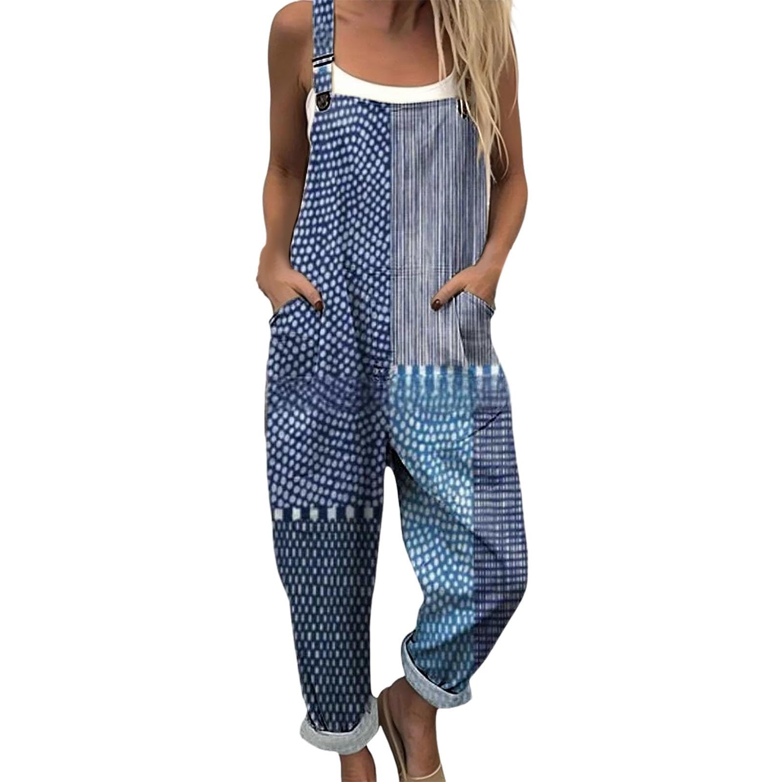 Salopettes Femme Ample Combinaison Sans Manches Jambes Larges Pantalon Avec Poches et motif floral Jumpsuit De Sport Grande Taille Style Bodysuit Bohème Vacances Overalls Casual Salopettes Bretelles