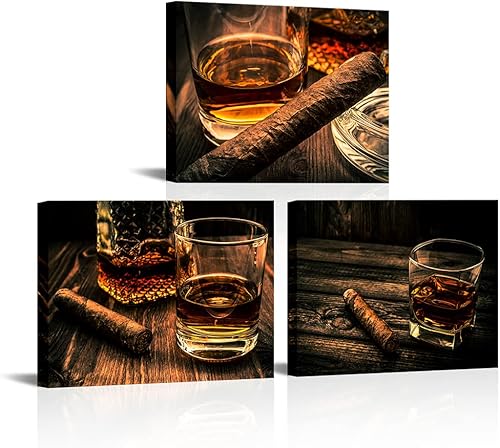 VANSEEING Lienzo decorativo para pared de cigarros y vino pintura rústica de whisky cuadros en lienzo para decoración de cocina pub enmarcados 12 x