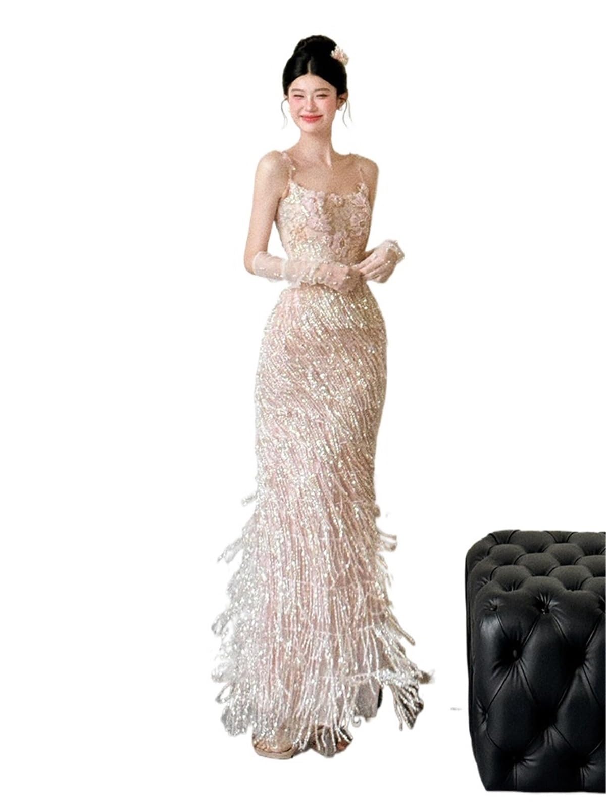 LXHZSY Tassel Dress Long Svel Women's Evening Gown With Tassel Detail Wedding Reception Dr High Waist Sle Formal Wear(Color16)
