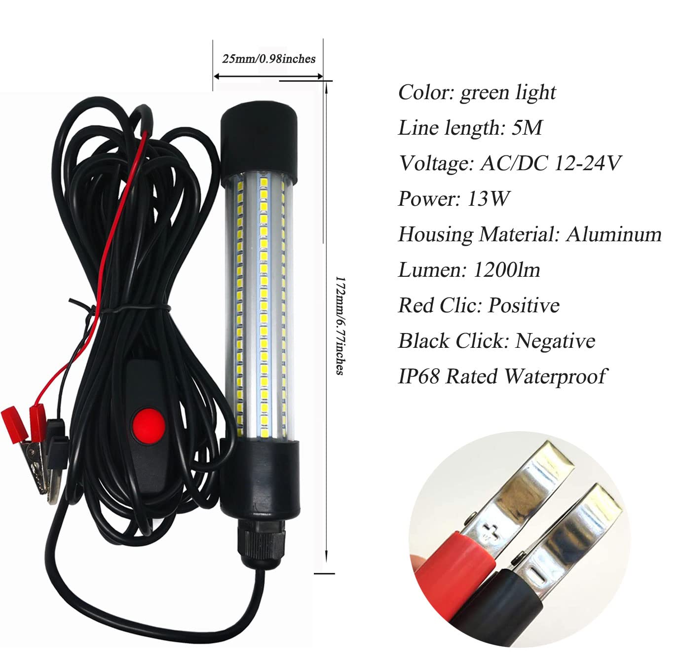 Edearkar 13W Submersible Fishing Light Underwater Fish Finder Lamp, AC/DC12-24V Green Light IP68 Waterproof Lamp 360 Degree All-Round Fish Attracting Light, Light Collection Fish Lamp with 5M Cable
