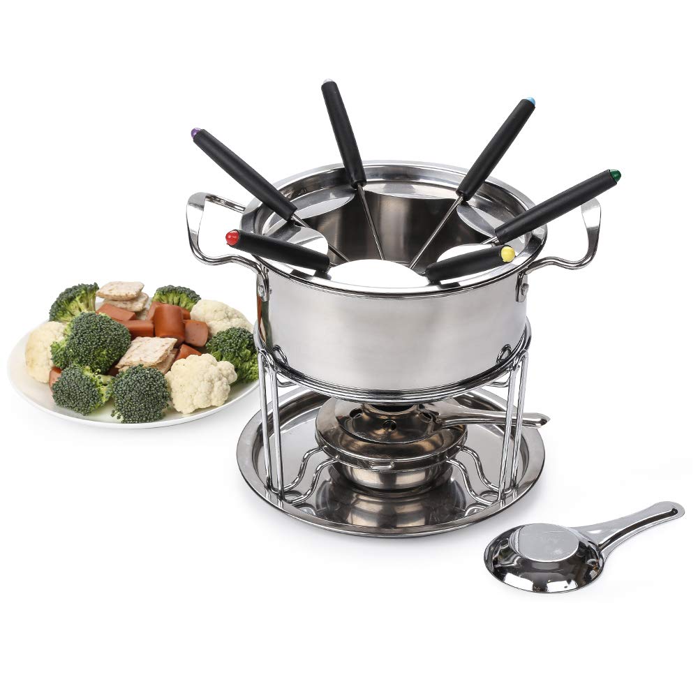Set Fonduta Formaggio Acciaio Inox 6 Persone Fondue Bourguignonne con Forchette Bruciatori Argento