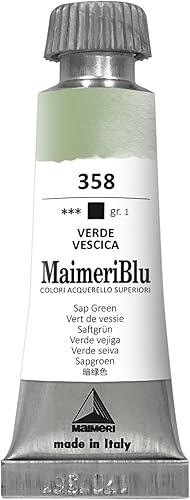 Maimeri Blu - Pintura de acuarela profesional PG17 de un solo pigmento (0.4 fl oz), color verde savia PG17, tubo de pintura de acuarela transparente