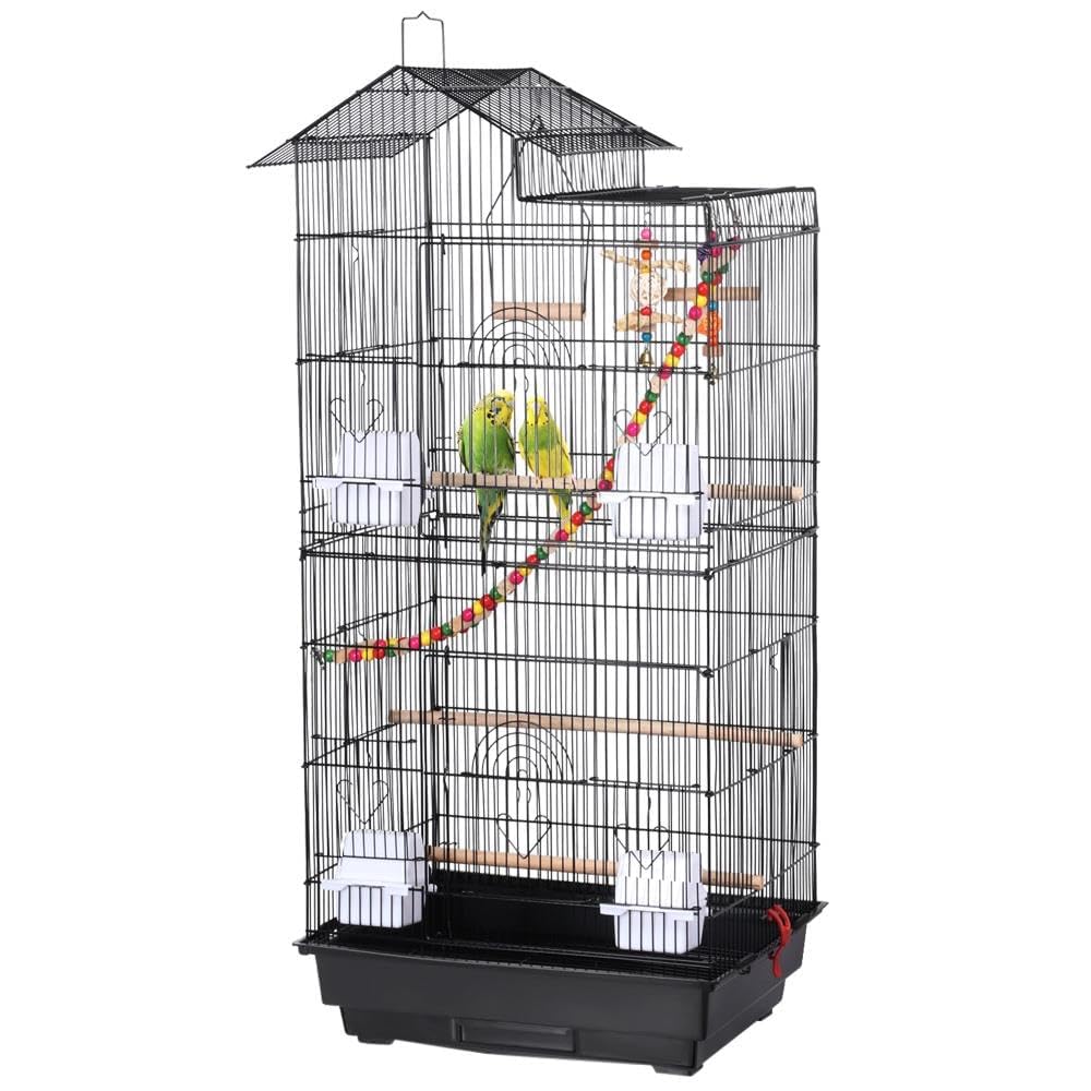 CENTRAL FISH AQUARIUM- Metal Designer House Shape Bird Cage for Budgies,Finches,Love Birds,Cocktails,Cuttlefish Bone Holder,4 Cups,2 Perch Sticks,1 Swing -48x37x92Cms,Black,Large -Toys NOT Included-image-41