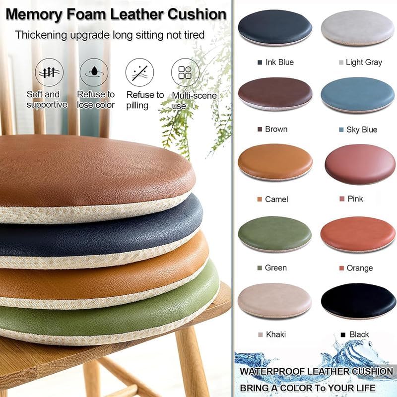 4 Pack Round Leather Chair Pads, 13.7" Kitchen Chair Pads with Non-Slip Backing, Removable Chair Cushions for Dining Chairs, Waterproof Seat Cushions for Indoor Outdoor Stool, White