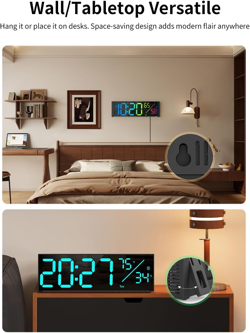 Digital Wall Clock, Large Display Digital Clock with 11 RGB Colors, Wall Clock with Night Light, Alarm Clock, Date, Week, Temp, DST for Living Room, Bedroom, Classroom Decor, Gift for Senior Mom Dad
